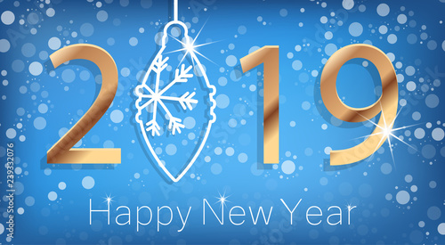 Happy New Year 2019 Poster with Golden Greeting Text and White Snowflakes. Vector Illustration.