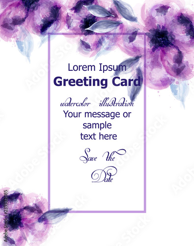 Purple flowers watercolor card Vector. Purple stains and delicate blooming de...