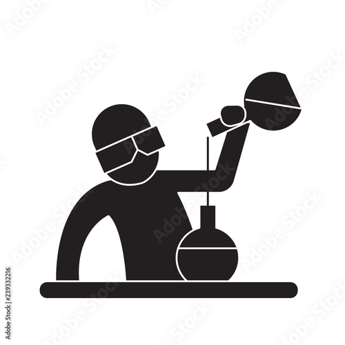 Chemist at work black vector concept icon. Chemist at work flat illustration, sign, symbol
