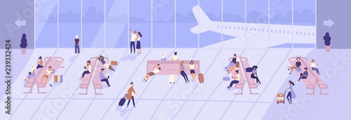 Men and women inside airport terminal building with large panoramic windows and airplanes seen through them. Passengers sitting on benches in waiting hall or area. Flat cartoon vector illustration.