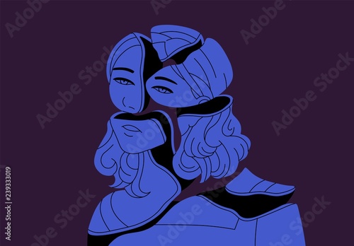 Sad exhausted young woman broken into pieces. Concept of ego loss, fragmented self, pathological fatigue, mental disorder or psychological fragmentation. Colored hand drawn vector illustration.