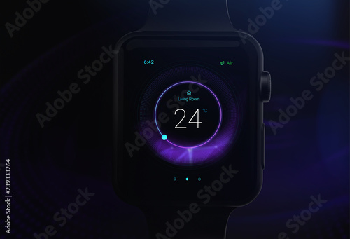 Modern smartwatch with smart home app on screen tracking living room temperature (3D illustration)