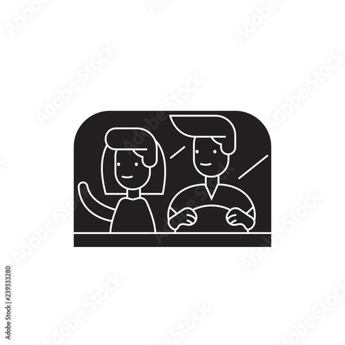 Couple driving away black vector concept icon. Couple driving away flat illustration, sign, symbol