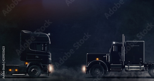 Two black semi trucks facing each other on dark background with smoke (3D illustration) photo