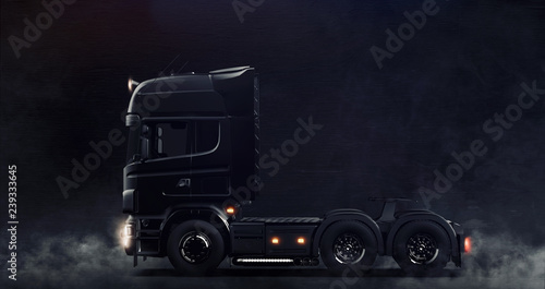 Modern black semi truck on dark background with smoke (3D illustration)