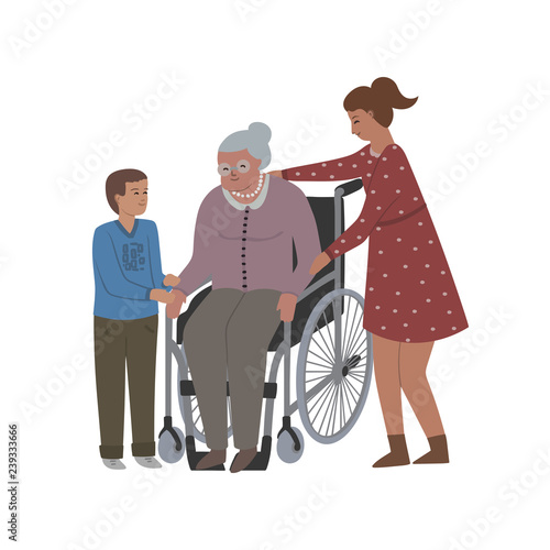 Grandmother sits in wheelchair and her grandchildren take care about her. Isolated on white background. Vector illustration