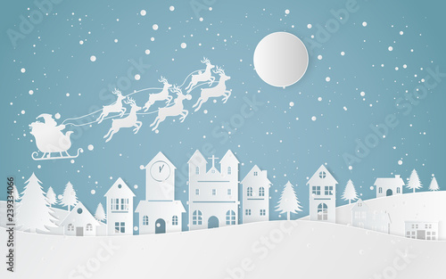 Santa flying in a sleigh with reindeer. The flat vector winter scene design of mountains