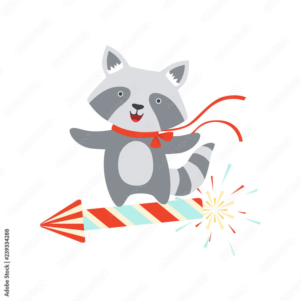 Obraz premium Raccoon flying on a party popper, cute cartoon animal character, design template can be used for New Year or Christmas, Birthday card, banner, poster, holiday decoration vector Illustration