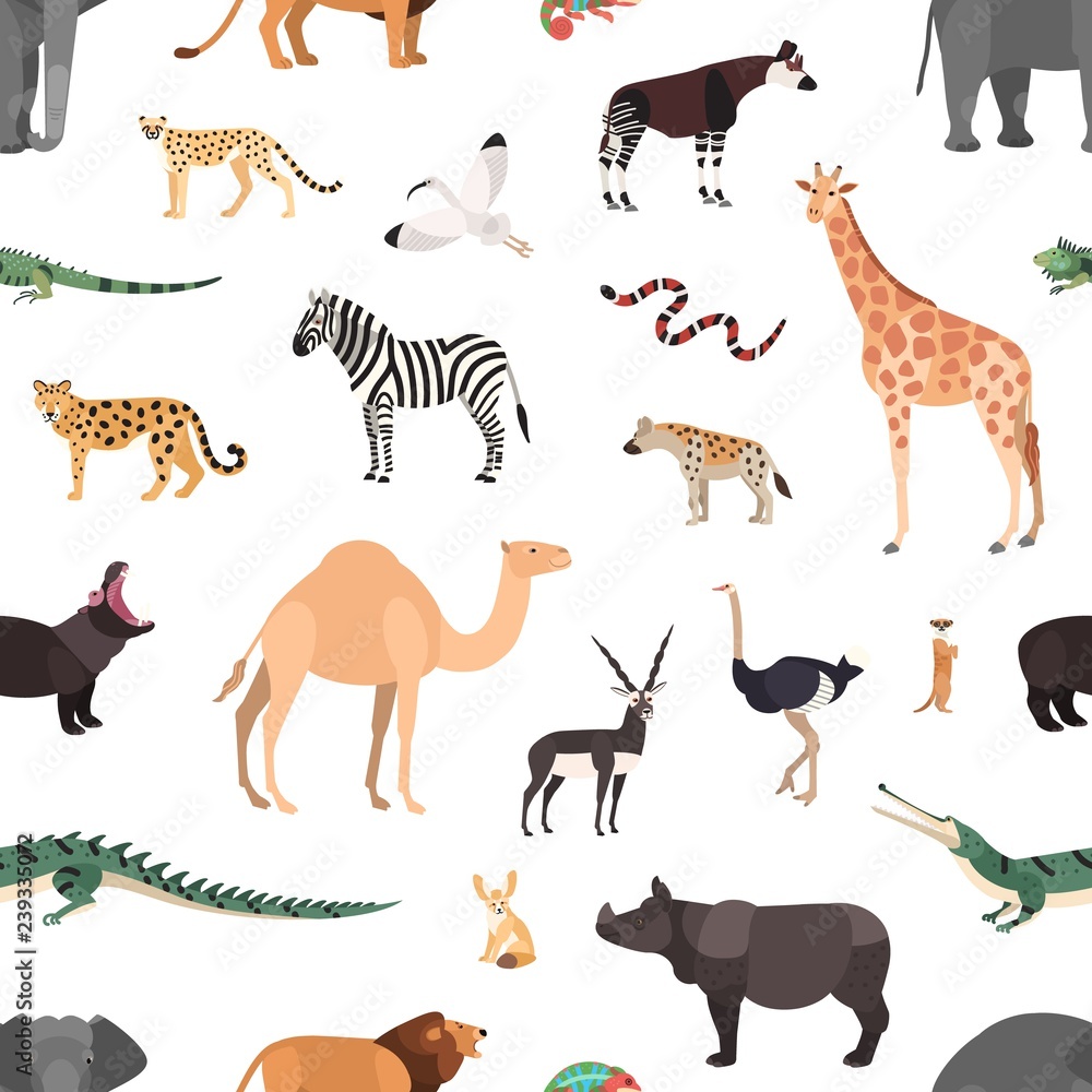 Seamless pattern with exotic animals on white background. Backdrop with wild fauna of African savannah and desert. Colorful vector illustration in flat cartoon style for wrapping paper, wallpaper.