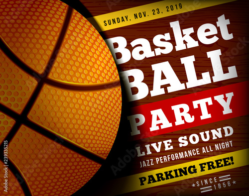 Basketball party with a basketball ball on a wooden floor. Vector illustration