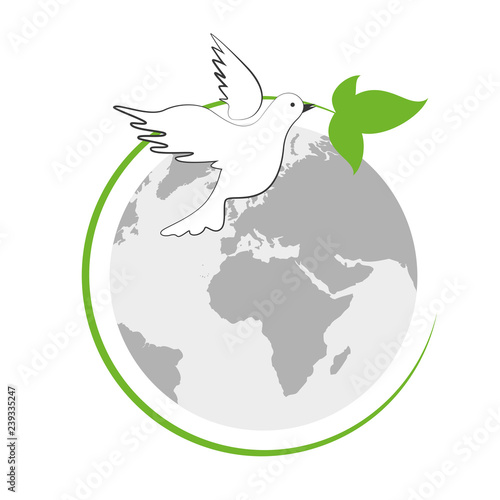 earth and white peace dove with green leaf vector illustration EPS10