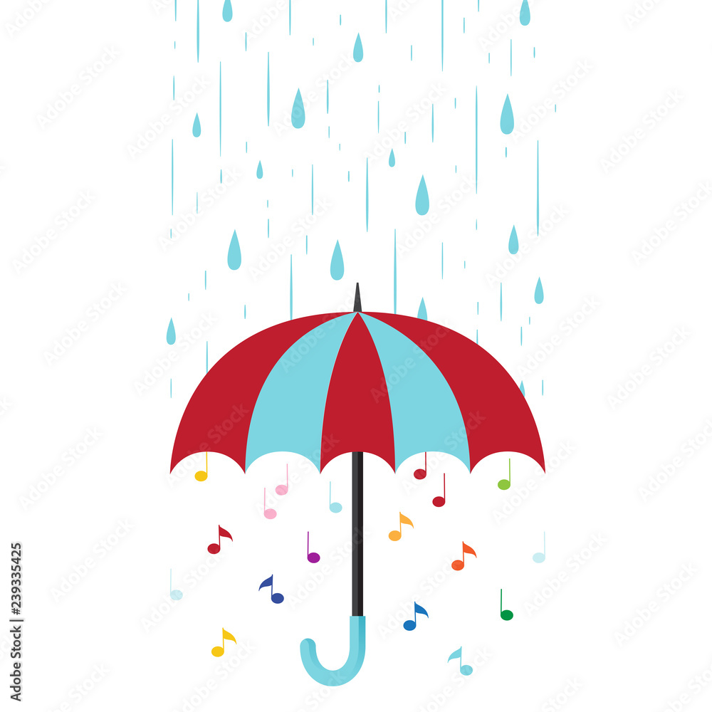 Musical background with umbrella and rain. Flat style vector ill
