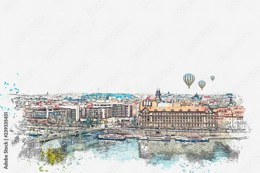 illustration of a beautiful view of Prague in the Czech Republic. Watercolor sketch. Hot air balloons are flying in the sky.