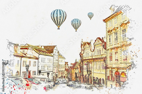 illustration or watercolor sketch. Traditional old architecture in Prague in the Czech Republic. European architecture. Hot air balloons are flying in the sky.