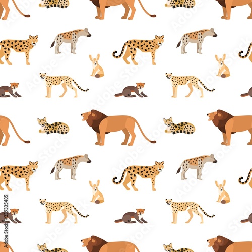 Seamless pattern with African and American animals on white background. Backdrop with wild predators living in savannah and desert. Colored vector illustration in flat cartoon style for textile print.