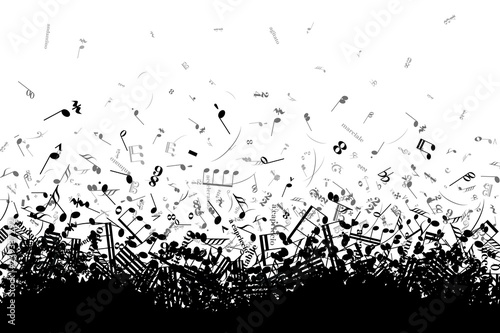 Different musical notes and signs in chaotic heap isolated on white