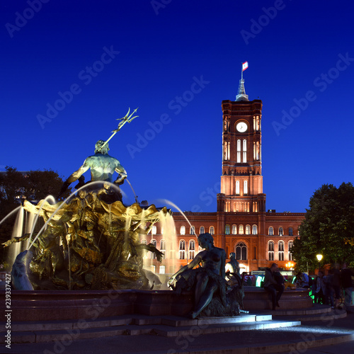 Photography The Neptune Fountain ( Neptunbrunnen) and red city hall (Rotes Rathaus) at night