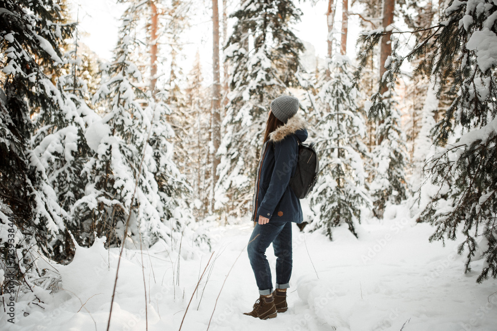 Beautiful young girl in a winter park walks in the winter forest