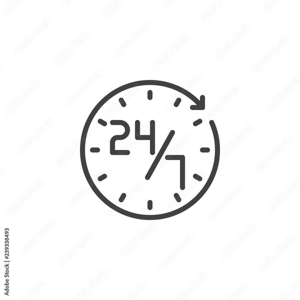 Service 24 7 outline icon. linear style sign for mobile concept and web design. Technical support 24 hours a day and 7 days a week simple line vector icon. Symbol, logo illustration. Pixel perfect Service 24 7 outline icon. linear style sign for mobile concept and web design. Technical support 24 hours a day and 7 days a week simple line vector icon. Symbol, logo illustration. Pixel perfect