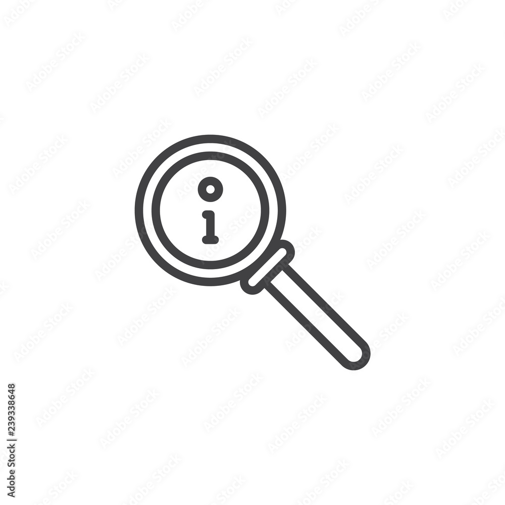 Info search outline icon. linear style sign for mobile concept and web design. Information search with magnifier simple line vector icon. Symbol, logo illustration. Pixel perfect vector graphics Info search outline icon. linear style sign for mobile concept and web design. Information search with magnifier simple line vector icon. Symbol, logo illustration. Pixel perfect vector graphics