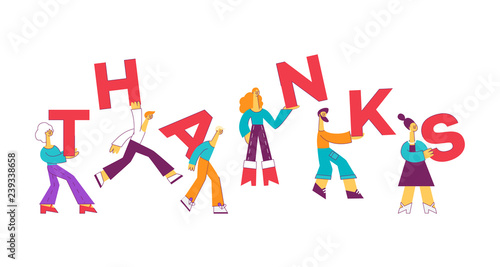 Vector cartoon characters carry thanks letters on shoulders with a smile. Men, women with gratitude inscription. Greeting cards poster template. Isolated illustration