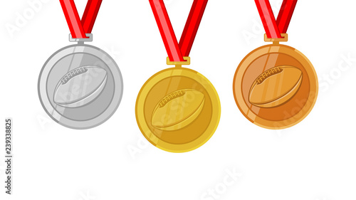 american football gridiron complete shinny medals set gold siver and bronze in flat style 