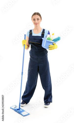 Woman with cleaning supplie...