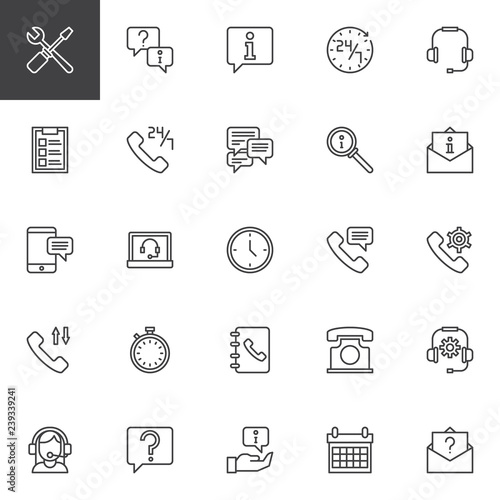 Custom service outline icons set. linear style symbols collection, line signs pack. vector graphics. Set includes icons as Support service, User support operator, 24 7 call center, Online information