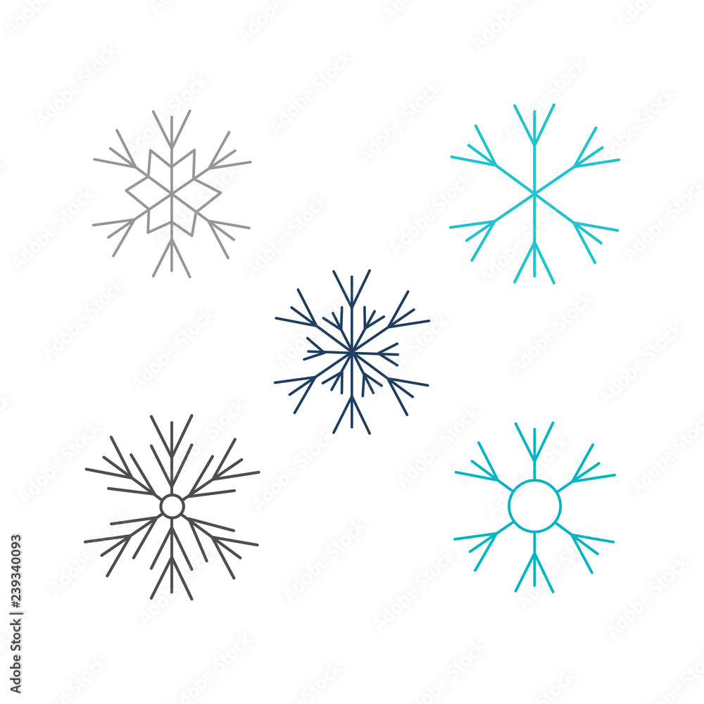 Snowflakes vector illustration set in flat style isolated on white background. Simple graphic frozen water elements - abstract snow decoration for winter seasonal and holiday design.