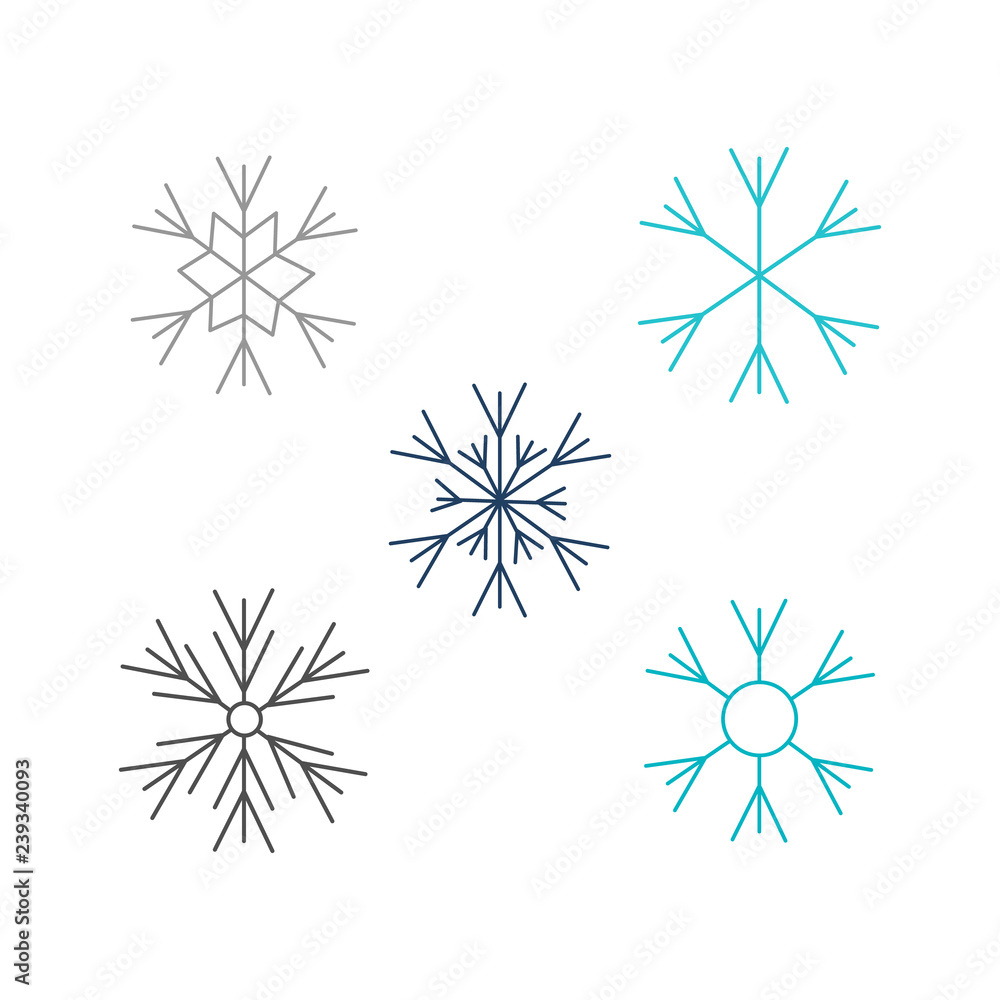 Snowflakes vector illustration set in flat style isolated on white background. Simple graphic frozen water elements - abstract snow decoration for winter seasonal and holiday design. Snowflakes vector illustration set in flat style isolated on white background. Simple graphic frozen water elements - abstract snow decoration for winter seasonal and holiday design.
