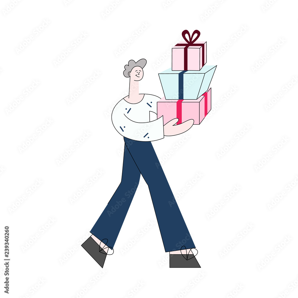 Vector illustration of young man carrying stack of wrapped gift boxes decorated with ribbons and bow - isolated flat male character giving or delivering presents in festive package. Vector illustration of young man carrying stack of wrapped gift boxes decorated with ribbons and bow - isolated flat male character giving or delivering presents in festive package.