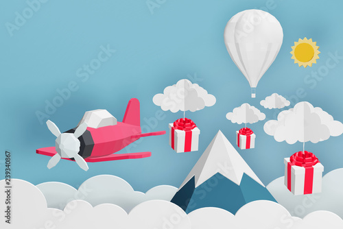 Paper art style of pink plane flying and scatter gift box in the sky, Create custom greeting cards given on special occasions such as Happy new year or valentine day, 3D rendering design.