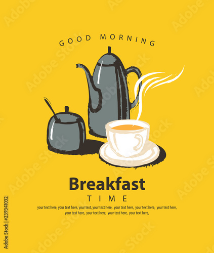 Vector banner on the theme of Breakfast time with cup of hot tea, kettle and sugar bowl, with place for text in retro style on the yellow background