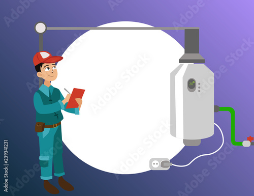 Inspector with checklist examines heating system poster