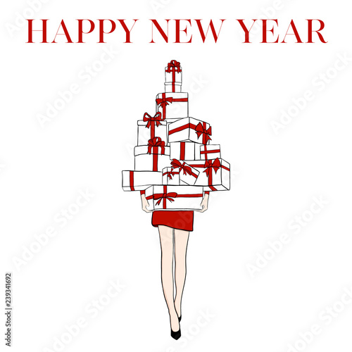 Greeting card with inscription happy new year with Women in dress with gifts box. Girl with Beautiful present boxes and red bow. Fashion Vector illustration. Female legs. Trendy Design. Vogue style