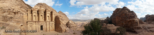 Ad-Deir-Nabataean rock temple of the I century ad, preserved near the city of Peter. a monumental building carved entirely from the rock. Lost city in the mountains. Panoramic view of Petra