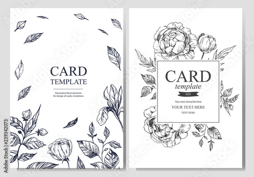 Invitation or greeting card template design with floral hand drawn elements on light background. Vector