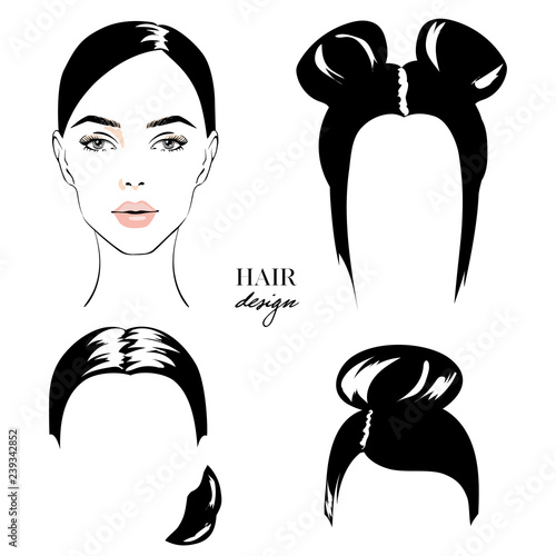 Set of hairstyles for women. Collection of black silhouettes of hairstyles for girls. Illustration of Woman with stylish hairstyle. Fashion style