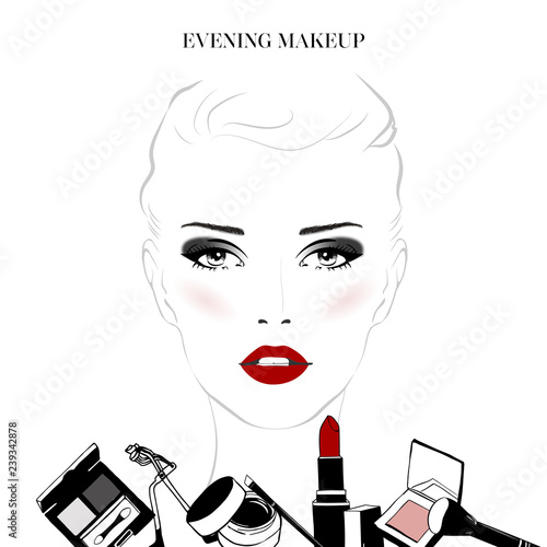Makeup tutorial, evening makeup beautiful female woman face with cosmetics sketch set. Hand drawn vector illustration. Stylish original portrait with attractive girl model. Fashion, style, beauty