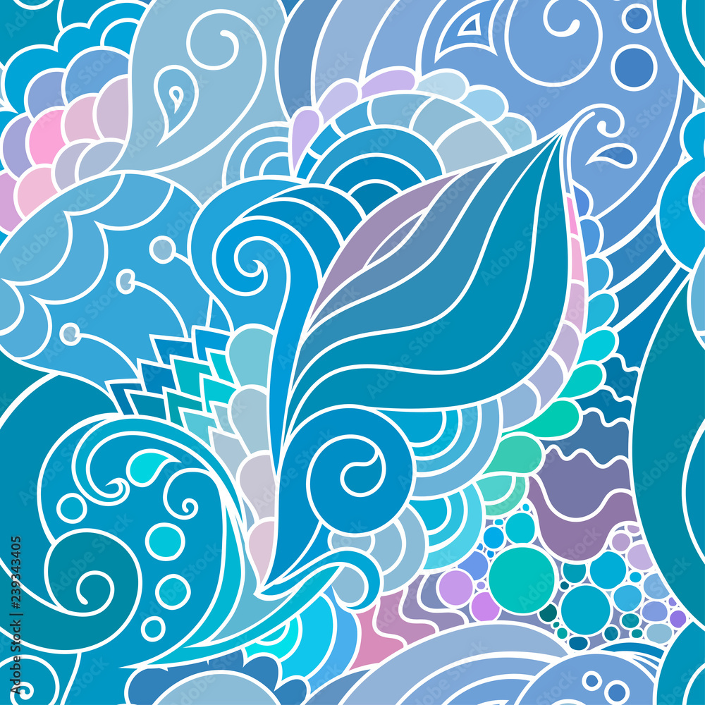 Boho style blue textile pattern with waves and curles. Colorful oriental zentangle style seamless background.