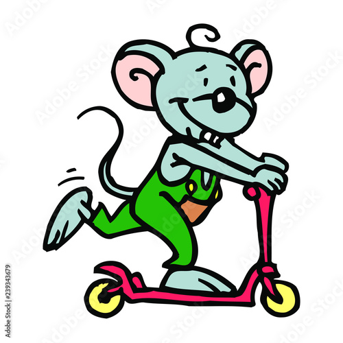 mouse goes on pink scooter in green trousers cartoon