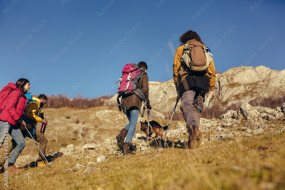 Group of hikers walking on a mountain at autumn day Group of hikers walking on a mountain at autumn day