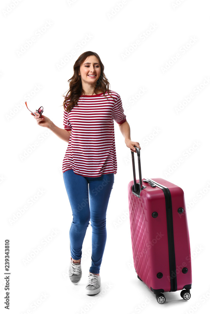 Female tourist with luggage on white background Female tourist with luggage on white background