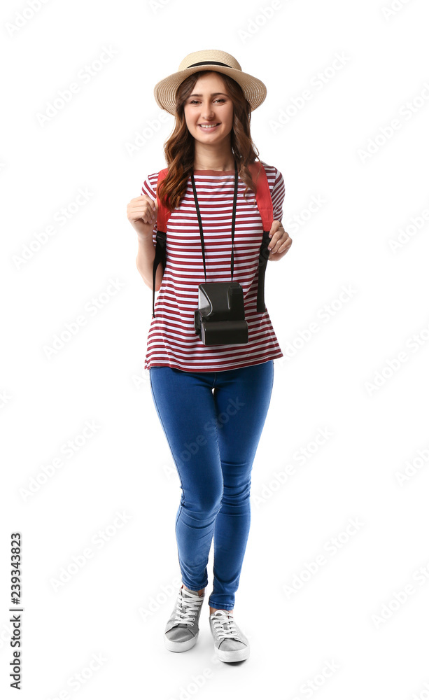 Young female tourist on white background Young female tourist on white background