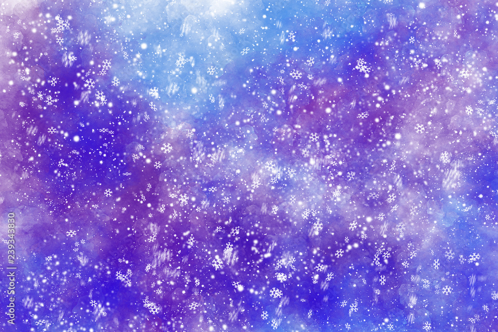 Winter purple watercolor background with snow