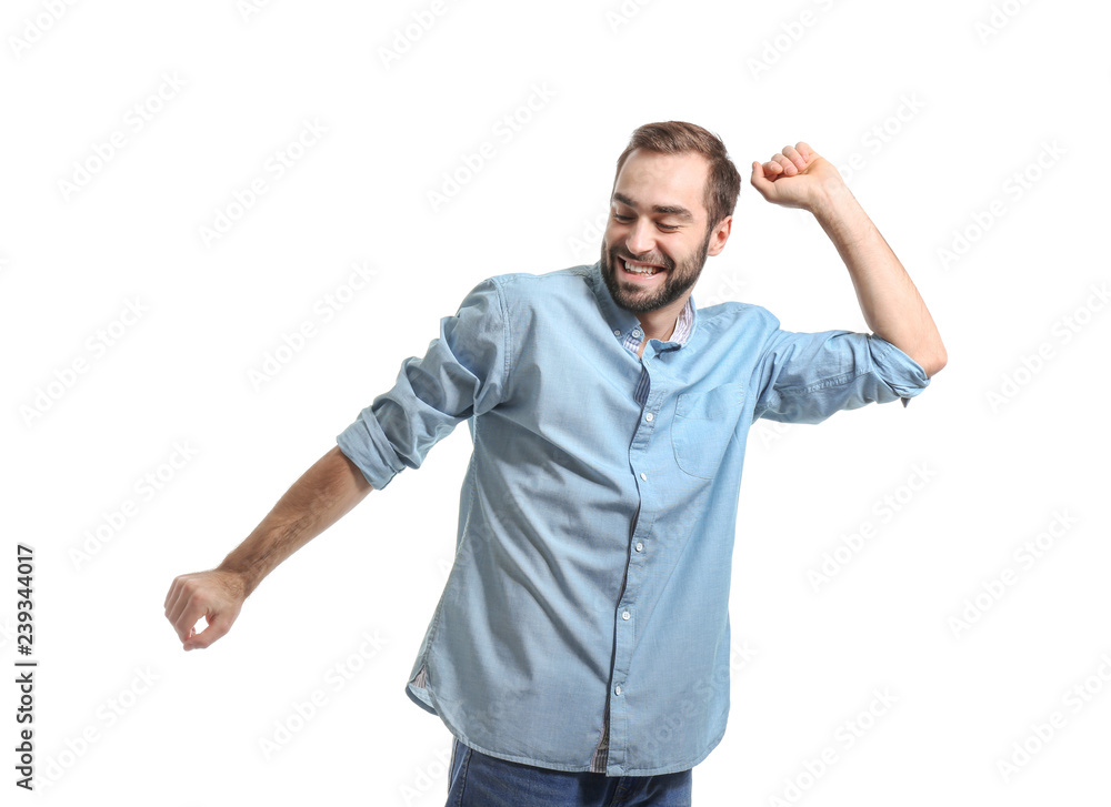 Handsome young man dancing on white background Handsome young man dancing on white background