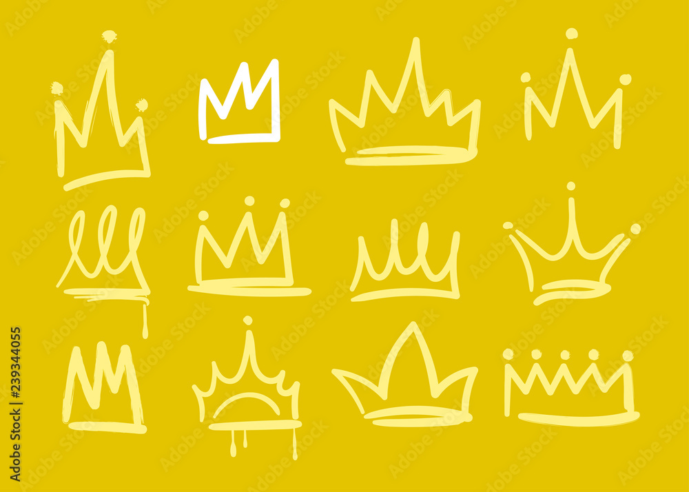 Fototapeta Różne żółte i białe korony doodle. Złote tło. Ręcznie rysowane wektor zestaw. Wszystkie elementy są izolowane