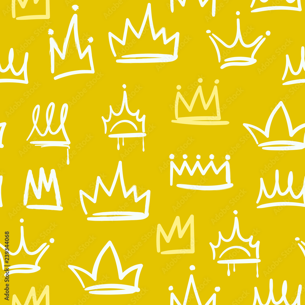 Fototapeta Różne żółte i białe korony doodle. Złote tło. Ręcznie rysowane wektor wzór