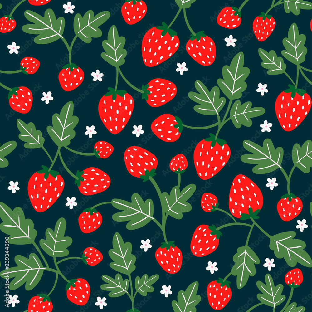 Tasty strawberries on branches. Hand drawn vector seamless pattern. Black background Tasty strawberries on branches. Hand drawn vector seamless pattern. Black background