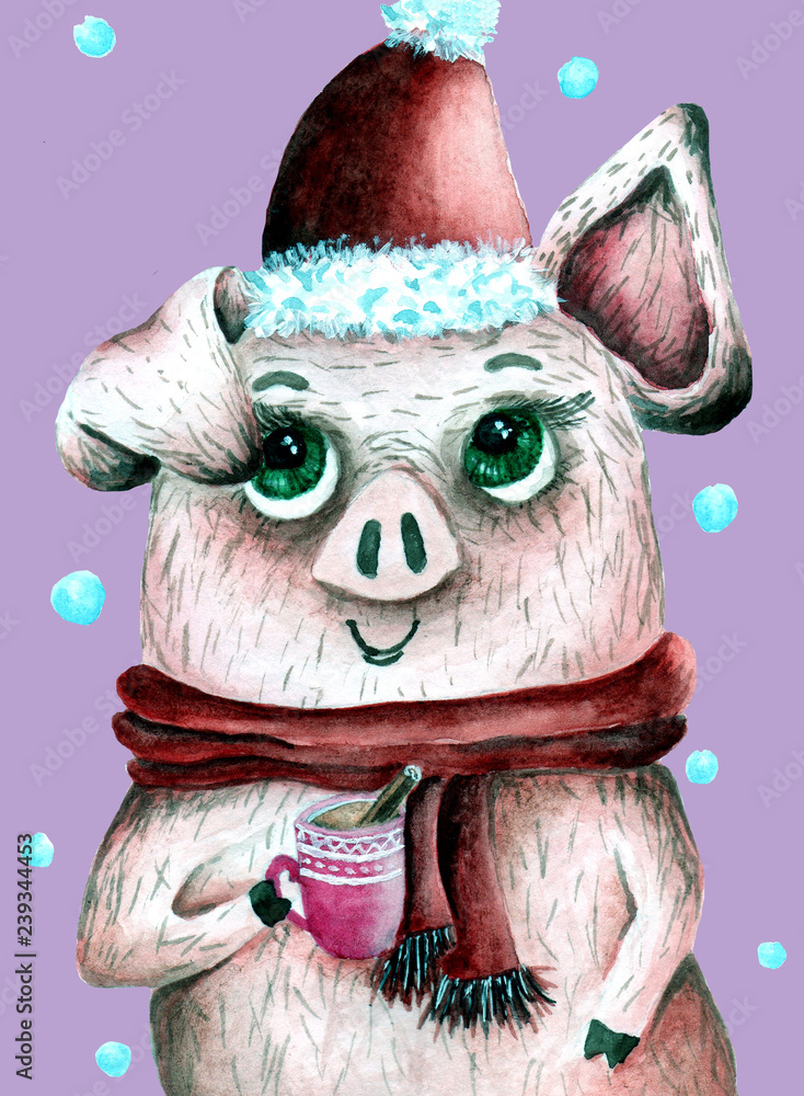 Fototapeta watercolor new year pig